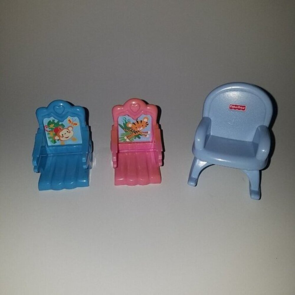 Fisher Price Loving Family Lot Twin Highchair Booster Seats + Blue Rocking Chair